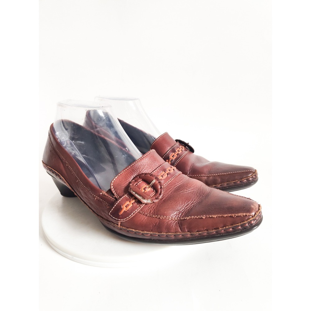 Pikolinos Heeled Loafers 8 / 38 Brown Leather Buckle Whipstitch Academia Spain